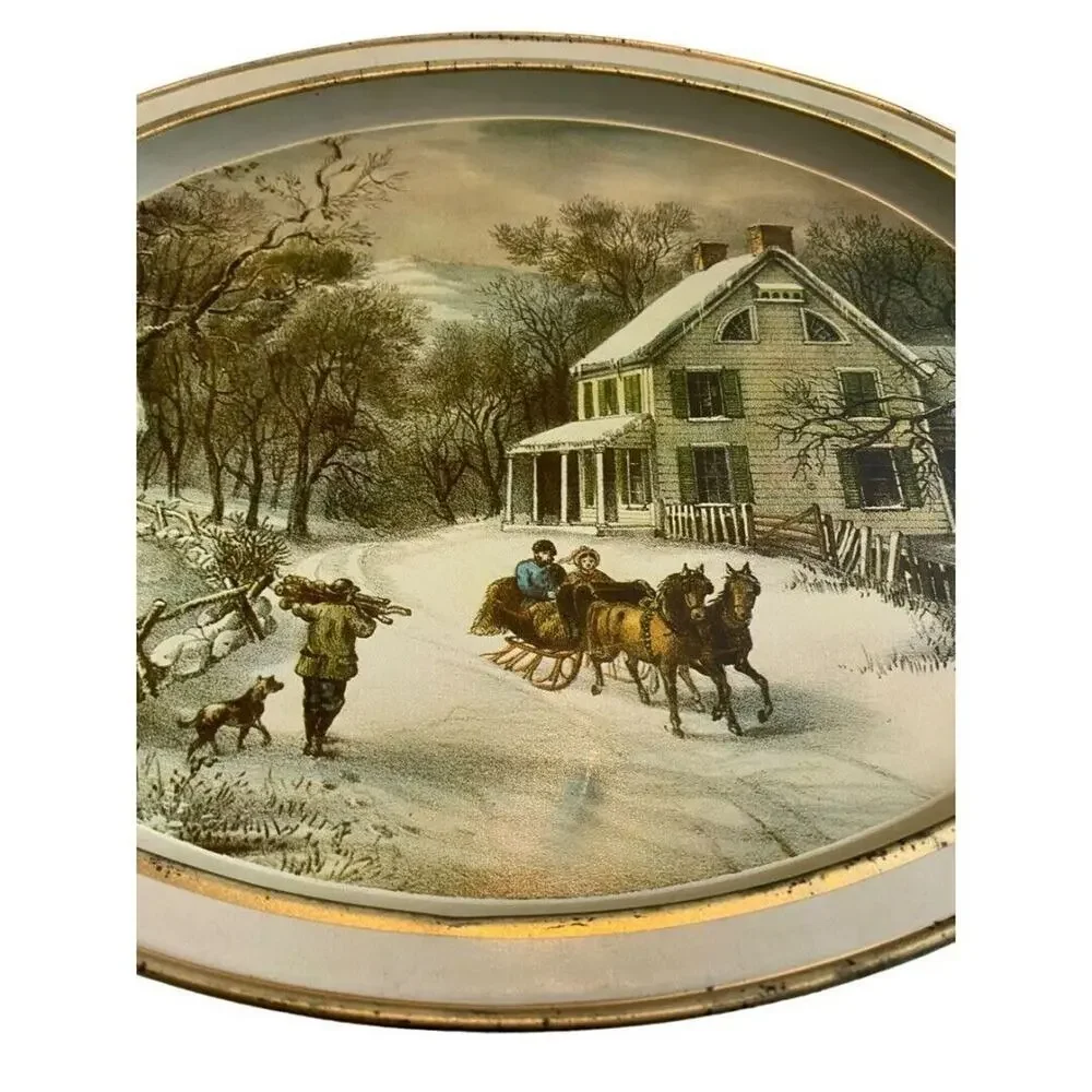 Currier and Ives The American Homestead Metal Tray Serving Vintage Winter